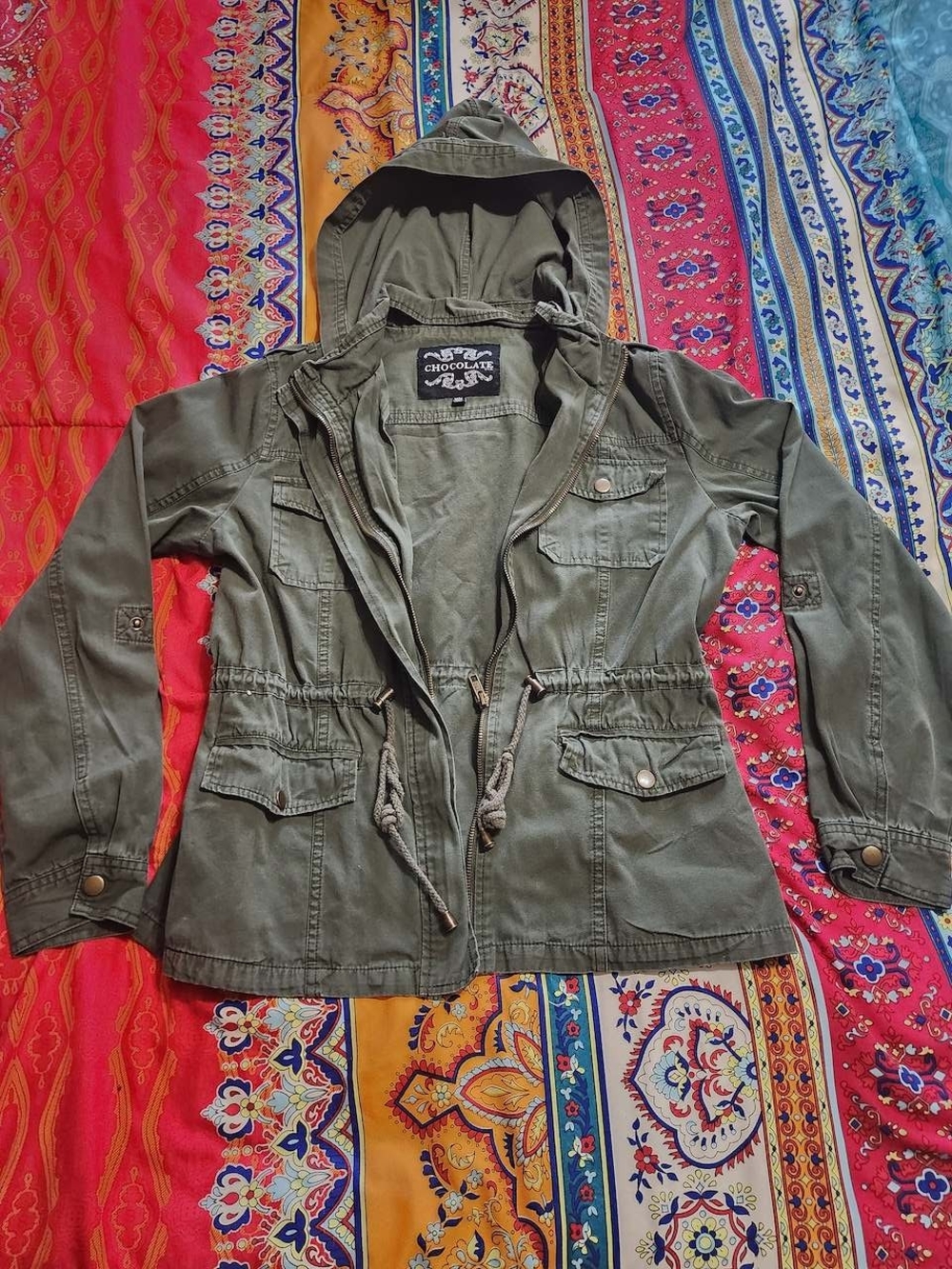 Chocolate Green Utility Hooded Jacket Military Cargo Style Womens Y2K Vintage